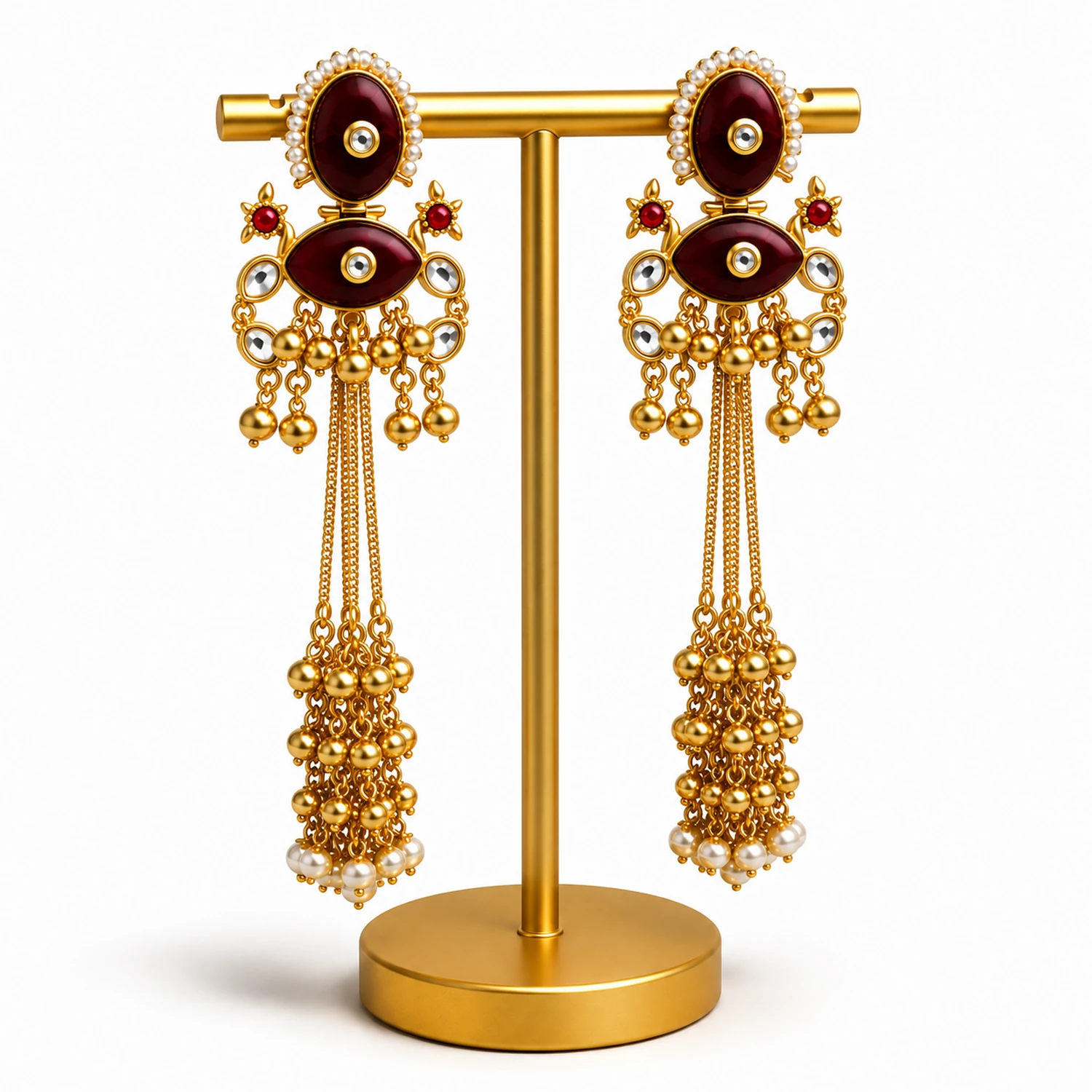 Original Indian Kashmiri Red Stone Long Chain Earrings for Women